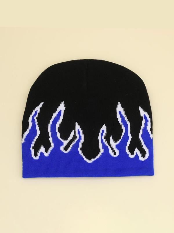 Y2k Fire Print Graphic Beanie Hat for Men & Women, Casual Knit Top Tier Hat for Fall & Winter, Warm Knitted Fitted Hat for Outdoor, Hip Hop Pop Streetwear