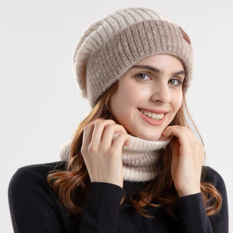 Women's Knit Hat & Scarf Set, 2 Counts set Winter Outdoor Warm Hat & Scarf, Elastic Thickened Ear Protection Hat for Women & Girls, Christmas Gift