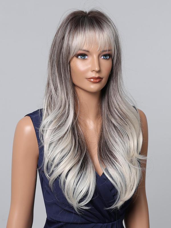 22 Inch Long Curly Ombre Grey Wigs for Women, Gorgeous Fluffy Wigs with Bangs, Synthetic Full Machine Wigs for Party, Daily Use