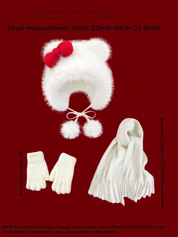Cute Bow Design Hat & Scarf & Gloves Set, Women's Thickened Warm Hat & Scarf & Gloves Set, Fashion Accessories for Fall & Winter