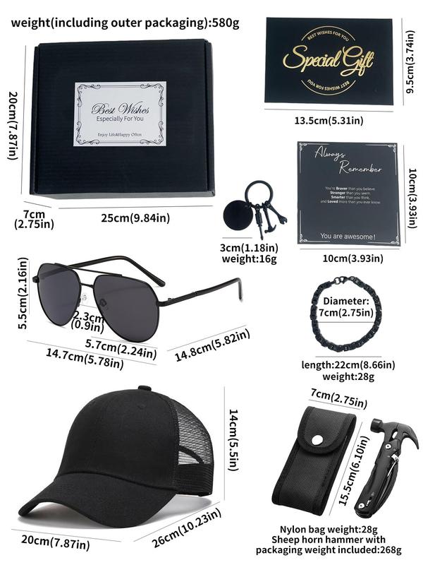 Men's Trendy Accessories Set, 1 Box Chain Bracelet & Baseball Hat & Keychain & Teardrop Aviator Frame Sunglasses & Multifunctional Hammer for Gift with Card & Gift Box