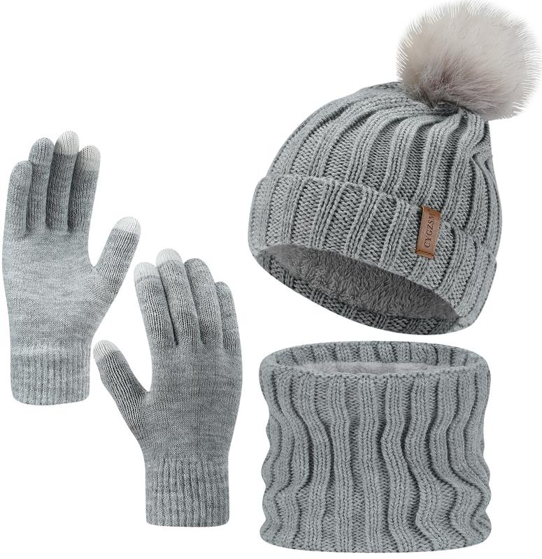 2024 Warm Knitted Skull Cap, Women's Winter Faux Fur Fleece Hat, Hat, Scarf and Gloves Set