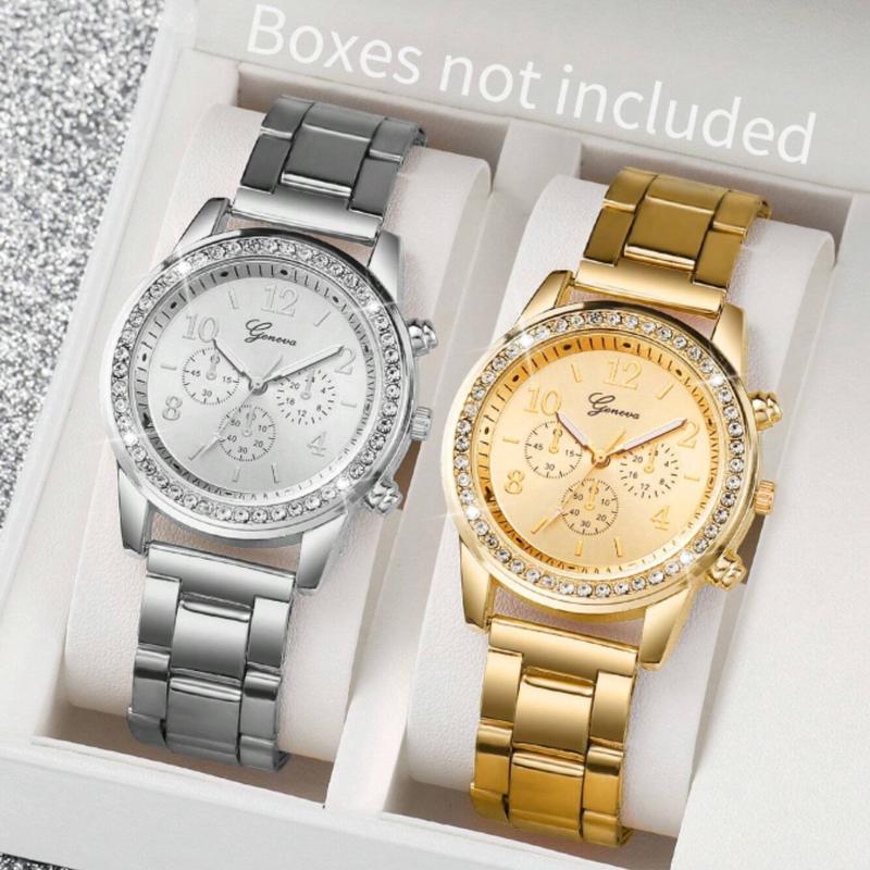 Women's Steel Strap Fashion Watch Set with Rhinestone Inlaid Three-Eye Chronograph Quartz Watch Dial (2pcs Set) - Perfect Gift for Students Returning to School