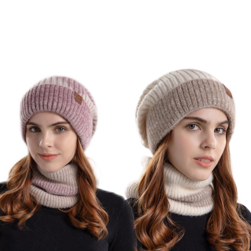 Women's Knit Hat & Scarf Set, 2 Counts set Winter Outdoor Warm Hat & Scarf, Elastic Thickened Ear Protection Hat for Women & Girls, Christmas Gift