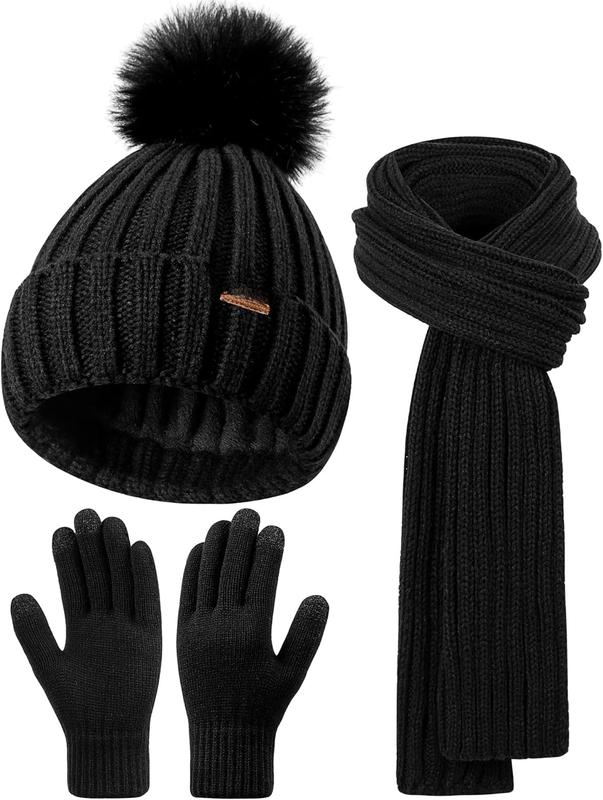 Winter Beanie Hat Scarf Gloves Set for Women Fleece Lined PomPom Hat with Long Knit Scarf,  Warmer Touchscreen Gloves