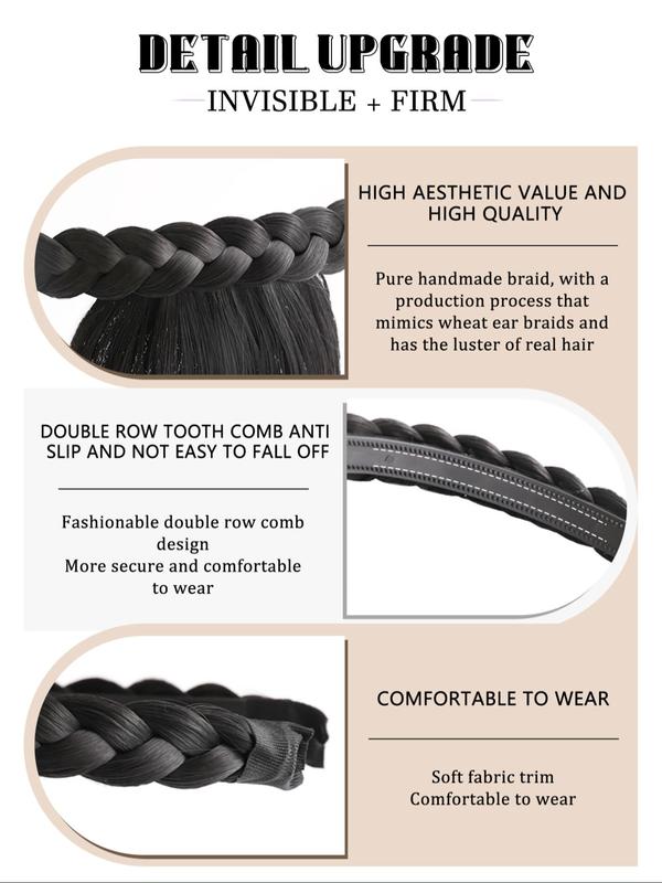 10 Inch Black Long Straight Hair Bangs, Non-slip Handmade Fishbone Braid Headband with Sideburns, Synthetic Extensions & Pieces for Women