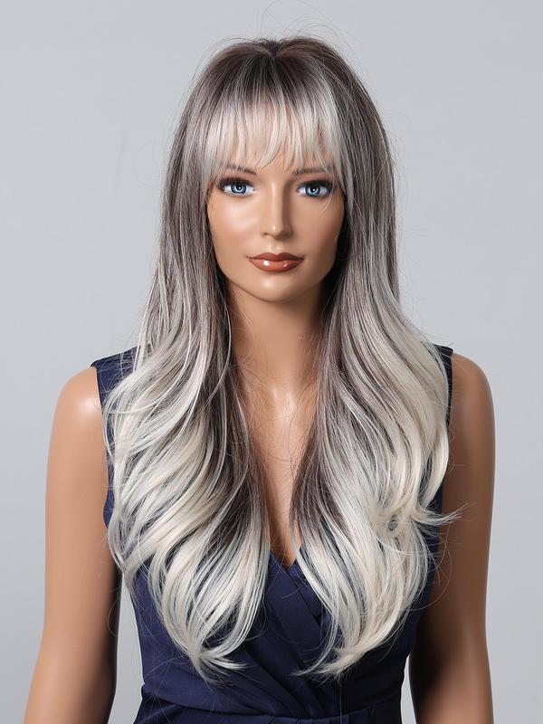22 Inch Long Curly Ombre Grey Wigs for Women, Gorgeous Fluffy Wigs with Bangs, Synthetic Full Machine Wigs for Party, Daily Use