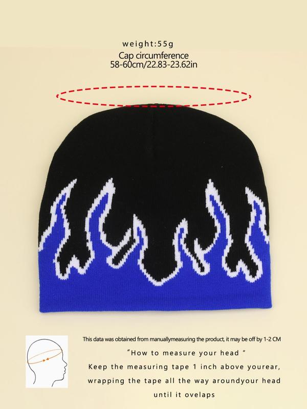 Y2k Fire Print Graphic Beanie Hat for Men & Women, Casual Knit Top Tier Hat for Fall & Winter, Warm Knitted Fitted Hat for Outdoor, Hip Hop Pop Streetwear