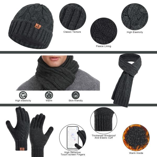 Winter 3 Piece Knitted Beanie Hat Scarf Gloves Set for Men and Women. Fleece Lined Skull Cap, Touchscreen Gloves and Soft Scarf