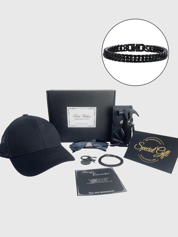Men's Trendy Accessories Set, 1 Box Chain Bracelet & Baseball Hat & Keychain & Teardrop Aviator Frame Sunglasses & Multifunctional Hammer for Gift with Card & Gift Box