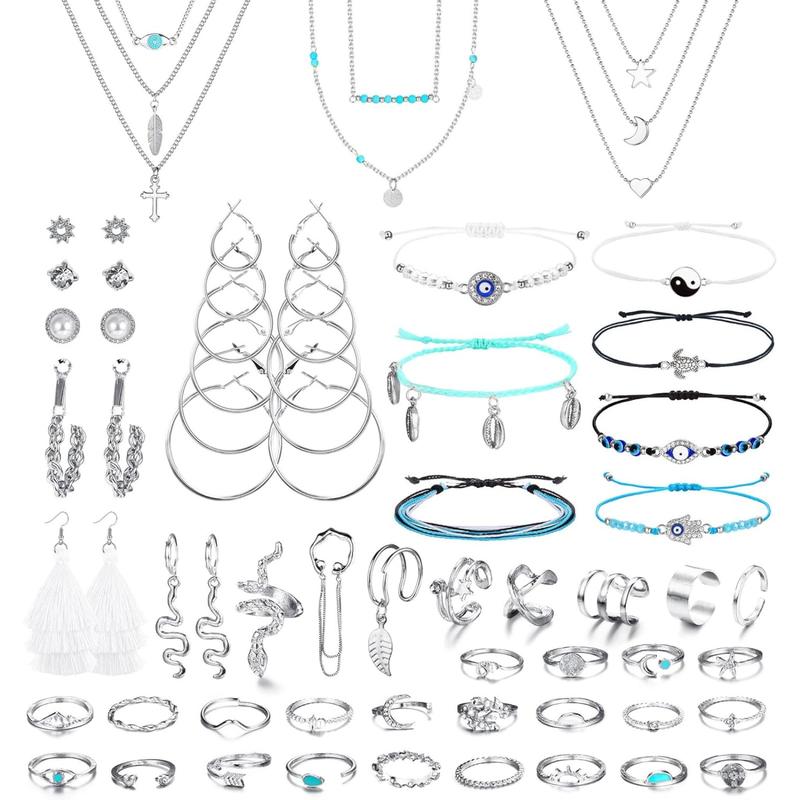 ORAZIO Jewelry Sets for Women Layered Necklace Adjustable Braided Bracelets Set Dangle Stud Hoop Earrings CZ Stackable Knuckle Ring Set Fashion Ear Cuff Set Silver Gold Women's Jewelry Sets