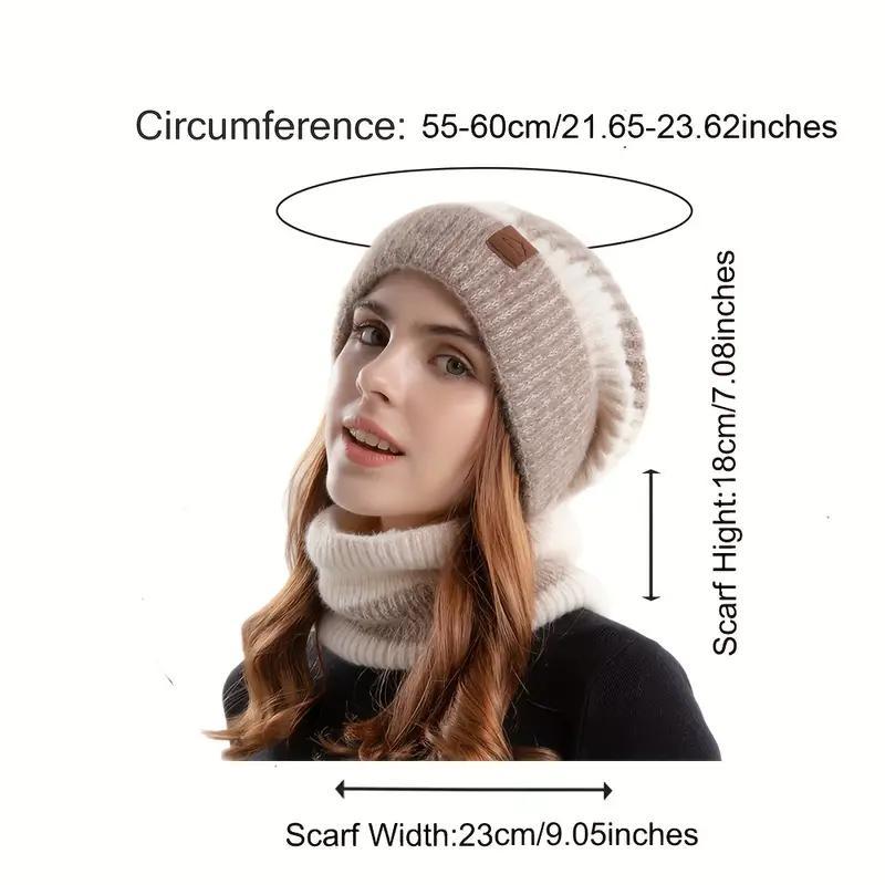 Women's Knit Hat & Scarf Set, 2 Counts set Winter Outdoor Warm Hat & Scarf, Elastic Thickened Ear Protection Hat for Women & Girls, Christmas Gift