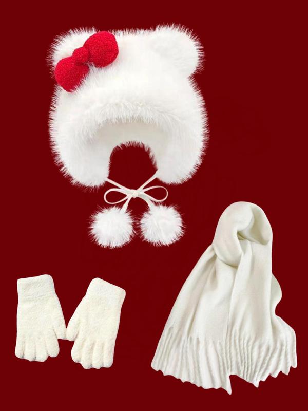 Cute Bow Design Hat & Scarf & Gloves Set, Women's Thickened Warm Hat & Scarf & Gloves Set, Fashion Accessories for Fall & Winter