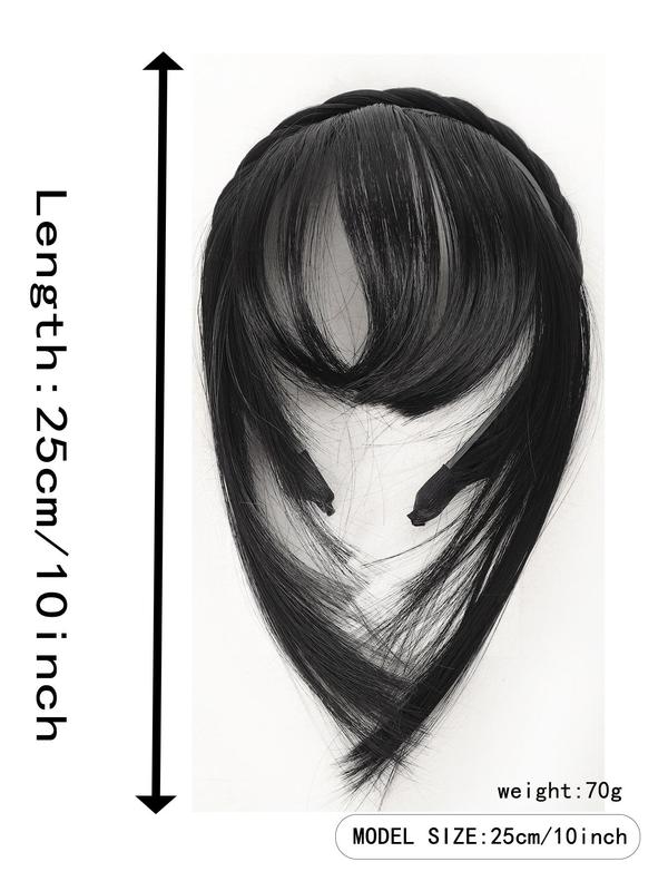 10 Inch Black Long Straight Hair Bangs, Non-slip Handmade Fishbone Braid Headband with Sideburns, Synthetic Extensions & Pieces for Women