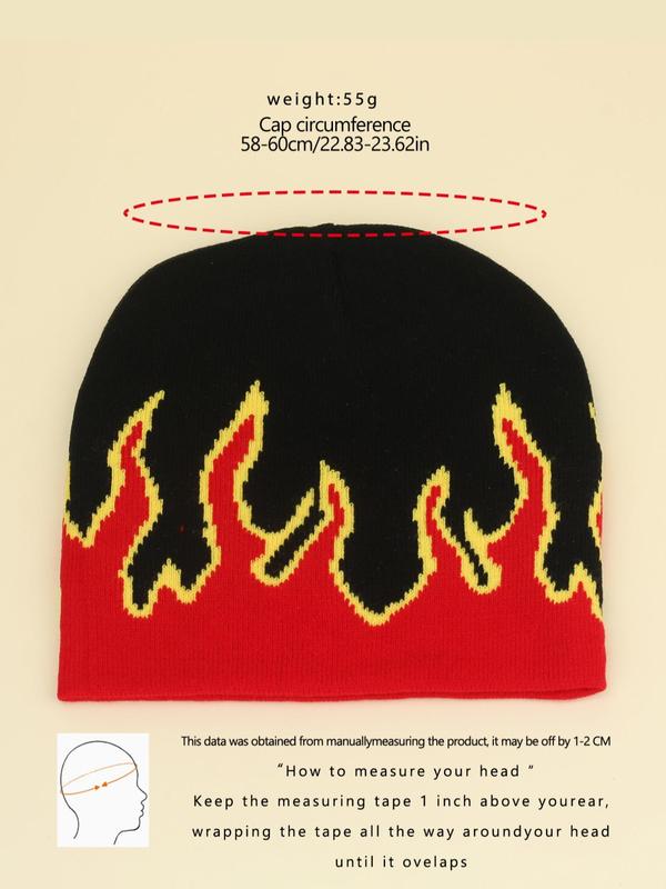 Y2k Fire Print Graphic Beanie Hat for Men & Women, Casual Knit Top Tier Hat for Fall & Winter, Warm Knitted Fitted Hat for Outdoor, Hip Hop Pop Streetwear