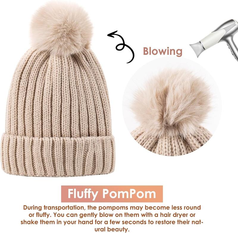 Winter Beanie Hat Scarf Gloves Set for Women Fleece Lined PomPom Hat with Long Knit Scarf,  Warmer Touchscreen Gloves
