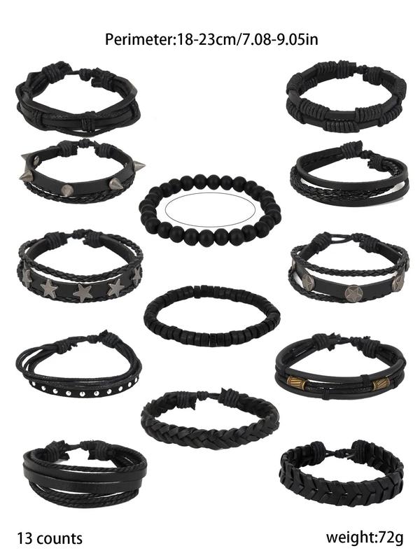 Punk Style Layered Bracelets, 13pcs set Fashion Beaded Bracelets & Drawstring Bracelets for Men & Women, Trendy All-match & Exquisite Vintage Matching Bracelet for Birthday Gift for Back To School