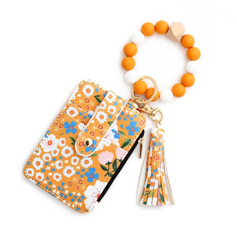 Women's Boho Style Beaded & Tassel Decorated Keychain with Flower Pattern Wallet, Cute Fall Trendy Keychain, Chic Gorgeous Keychain for Key & Bag Decor, Fall Outfits, Fall Freshness
