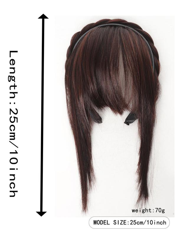10 Inch Black Long Straight Hair Bangs, Non-slip Handmade Fishbone Braid Headband with Sideburns, Synthetic Extensions & Pieces for Women