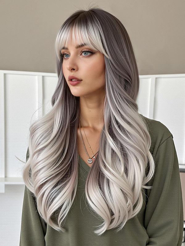 22 Inch Long Curly Ombre Grey Wigs for Women, Gorgeous Fluffy Wigs with Bangs, Synthetic Full Machine Wigs for Party, Daily Use