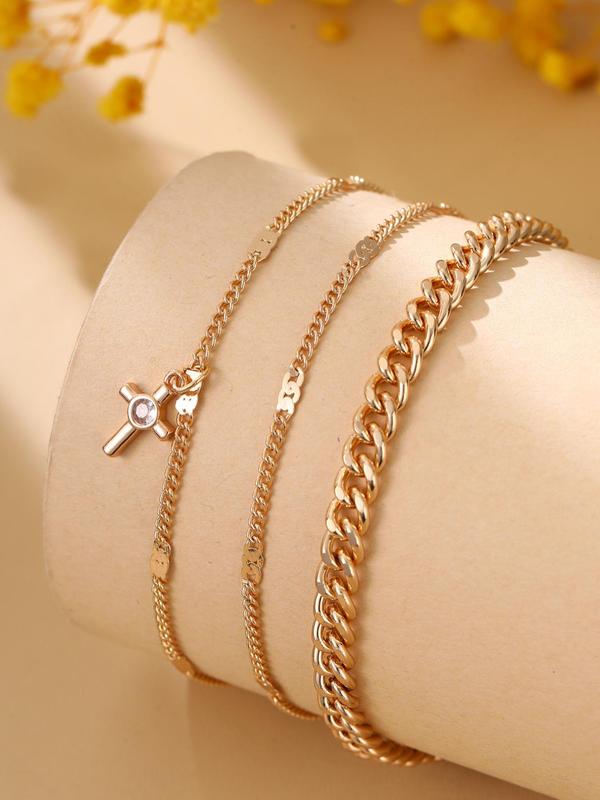 3pcs set Women's Elegant Trendy Chain Anklet, Multilayer Cross Pendant Anklet, Fashionable Anklet for Daily & Party Decoration