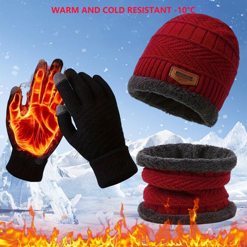 3-Piece Winter Accessories Set - Soft Cuff Knit Beanie Hat, Cozy Neck Warmer Scarf, and Warm Full Finger Gloves - Thermal Hat with Letter Patch, Plush Fleece Neck Warmer, Unisex Design for Women and Men