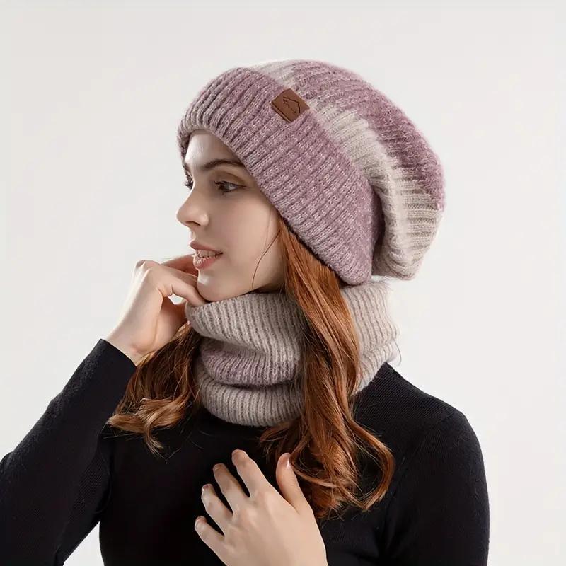 Women's Knit Hat & Scarf Set, 2 Counts set Winter Outdoor Warm Hat & Scarf, Elastic Thickened Ear Protection Hat for Women & Girls, Christmas Gift