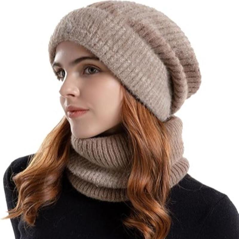 Women's Knit Hat & Scarf Set, 2 Counts set Winter Outdoor Warm Hat & Scarf, Elastic Thickened Ear Protection Hat for Women & Girls, Christmas Gift