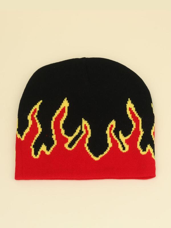 Y2k Fire Print Graphic Beanie Hat for Men & Women, Casual Knit Top Tier Hat for Fall & Winter, Warm Knitted Fitted Hat for Outdoor, Hip Hop Pop Streetwear