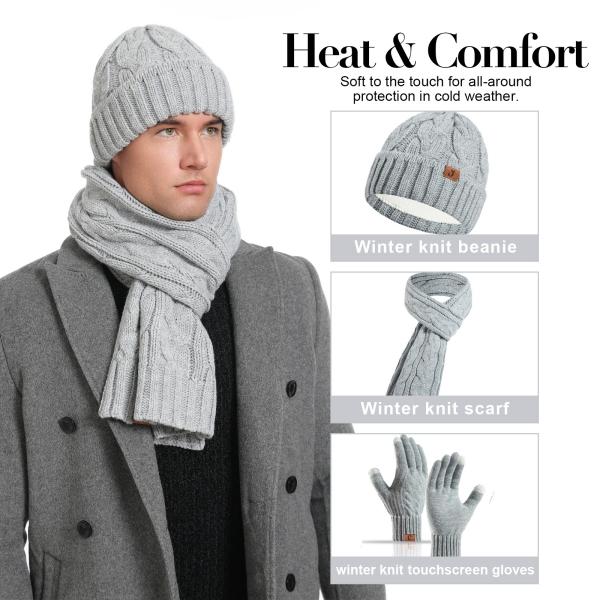 Winter 3 Piece Knitted Beanie Hat Scarf Gloves Set for Men and Women. Fleece Lined Skull Cap, Touchscreen Gloves and Soft Scarf