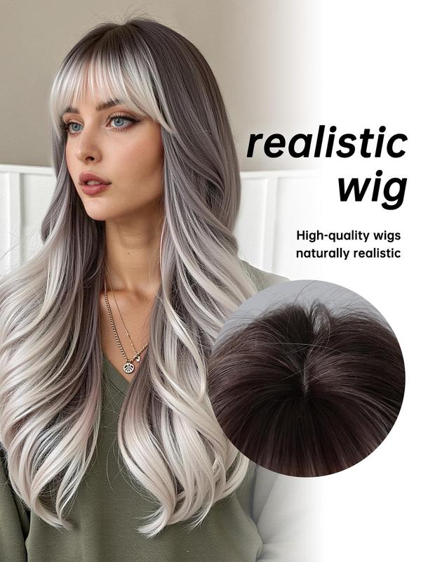 22 Inch Long Curly Ombre Grey Wigs for Women, Gorgeous Fluffy Wigs with Bangs, Synthetic Full Machine Wigs for Party, Daily Use