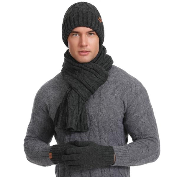 Winter 3 Piece Knitted Beanie Hat Scarf Gloves Set for Men and Women. Fleece Lined Skull Cap, Touchscreen Gloves and Soft Scarf