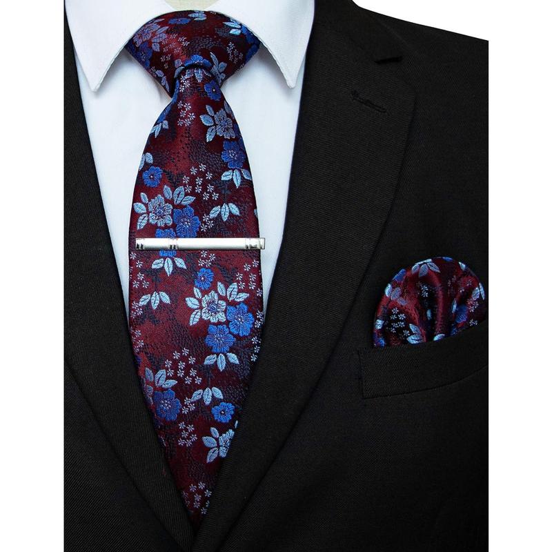 Floral Necktie and Pocket Square Tie Clip Sets for Men