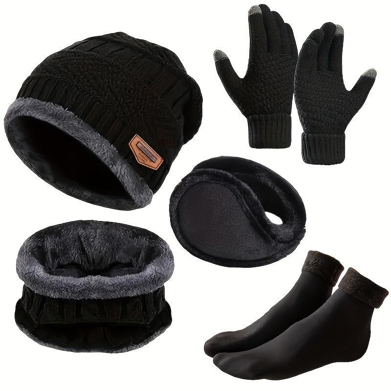 Winter Warm Knitted Set, 5 Counts set Hat & Gloves & Ear Cover & Neck Gaiter & Socks, Outdoor Sports Accessories for Men & Women