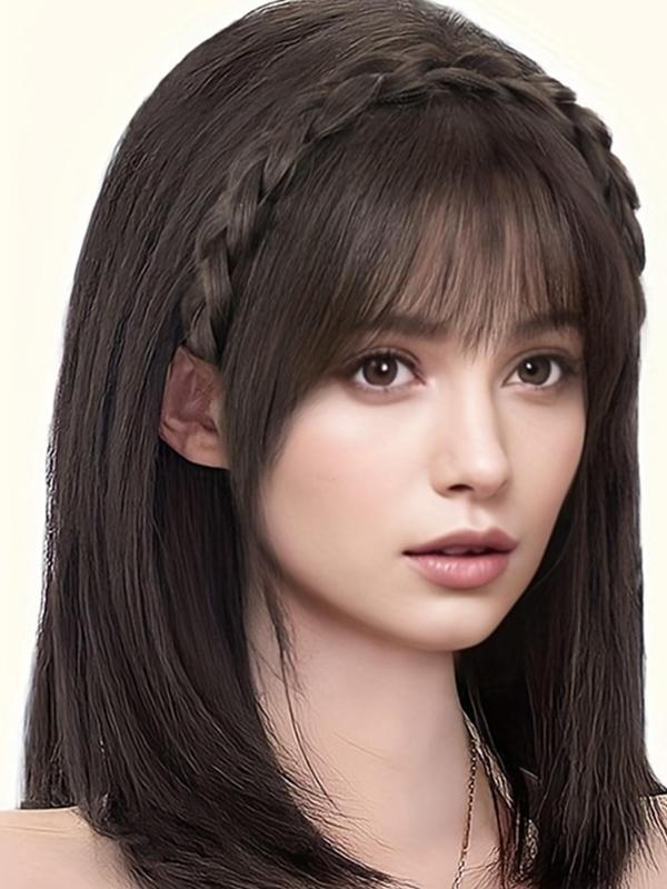 10 Inch Black Long Straight Hair Bangs, Non-slip Handmade Fishbone Braid Headband with Sideburns, Synthetic Extensions & Pieces for Women
