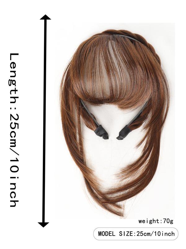 10 Inch Black Long Straight Hair Bangs, Non-slip Handmade Fishbone Braid Headband with Sideburns, Synthetic Extensions & Pieces for Women