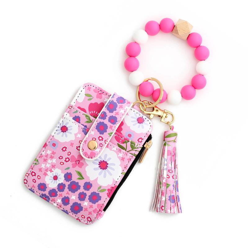 Women's Boho Style Beaded & Tassel Decorated Keychain with Flower Pattern Wallet, Cute Fall Trendy Keychain, Chic Gorgeous Keychain for Key & Bag Decor, Fall Outfits, Fall Freshness