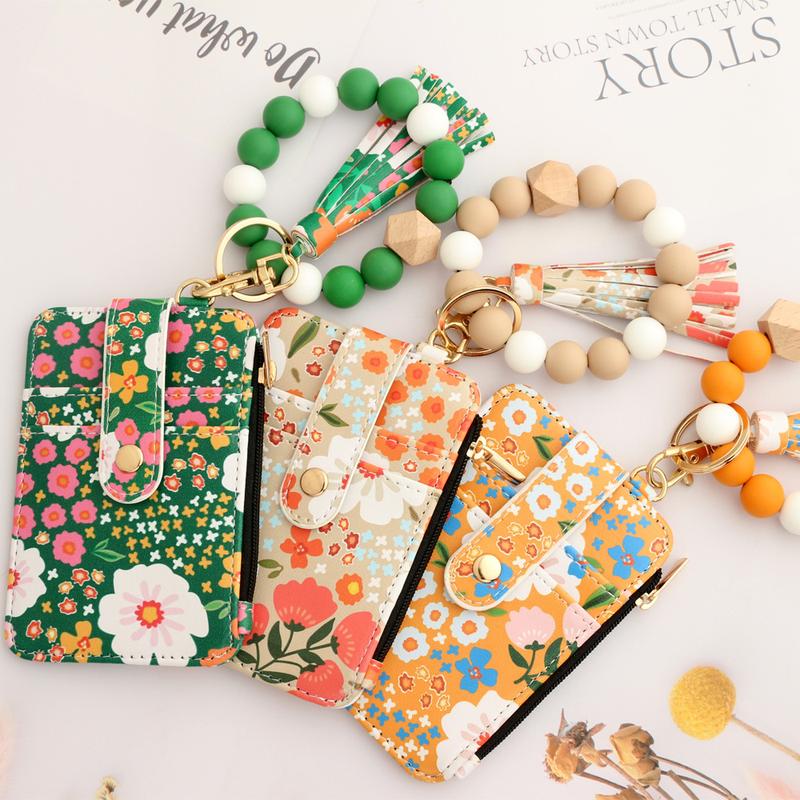 Women's Boho Style Beaded & Tassel Decorated Keychain with Flower Pattern Wallet, Cute Fall Trendy Keychain, Chic Gorgeous Keychain for Key & Bag Decor, Fall Outfits, Fall Freshness