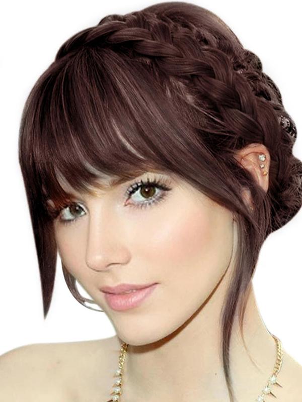 10 Inch Black Long Straight Hair Bangs, Non-slip Handmade Fishbone Braid Headband with Sideburns, Synthetic Extensions & Pieces for Women