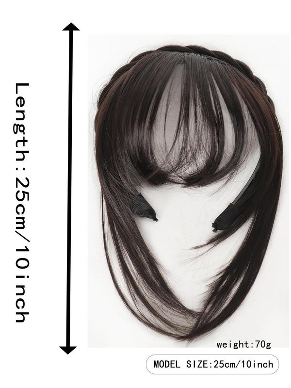 10 Inch Black Long Straight Hair Bangs, Non-slip Handmade Fishbone Braid Headband with Sideburns, Synthetic Extensions & Pieces for Women