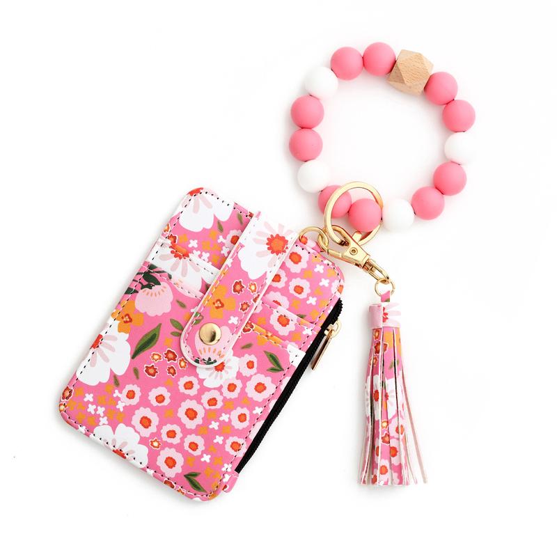 Women's Boho Style Beaded & Tassel Decorated Keychain with Flower Pattern Wallet, Cute Fall Trendy Keychain, Chic Gorgeous Keychain for Key & Bag Decor, Fall Outfits, Fall Freshness