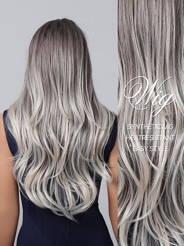 22 Inch Long Curly Ombre Grey Wigs for Women, Gorgeous Fluffy Wigs with Bangs, Synthetic Full Machine Wigs for Party, Daily Use