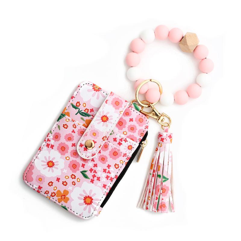 Women's Boho Style Beaded & Tassel Decorated Keychain with Flower Pattern Wallet, Cute Fall Trendy Keychain, Chic Gorgeous Keychain for Key & Bag Decor, Fall Outfits, Fall Freshness