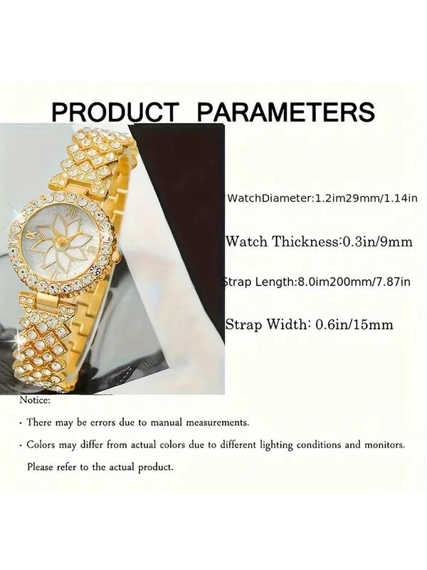 Women's Elegant Rhinestone Decorated Quartz Watch & Jewelry Set, Including Round Dial Wristwatch & Bracelet & Ring & Stud Earrings & Pendant Necklace, Fashion Watch Set for Party, Daily Decor
