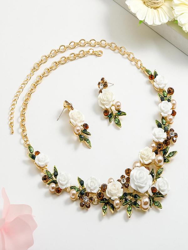 Women's Elegant Flower Design Jewelry Set, Boho Style Faux Pearl Decorated Necklace & Dangle Earrings, Fashion Jewelry for Party, Daily Decor, Trendy All-match & Exquisite Jewelry for Gift