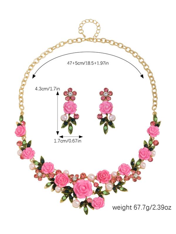 Women's Elegant Flower Design Jewelry Set, Boho Style Faux Pearl Decorated Necklace & Dangle Earrings, Fashion Jewelry for Party, Daily Decor, Trendy All-match & Exquisite Jewelry for Gift
