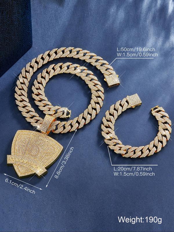 Punk Style Rhinestone Decorated Pendant Necklace & Cuban Bracelet, Fashion Jewelry for Party, Daily Clothing Decor, Trendy All-match & Exquisite Jewelry for Birthday Gift