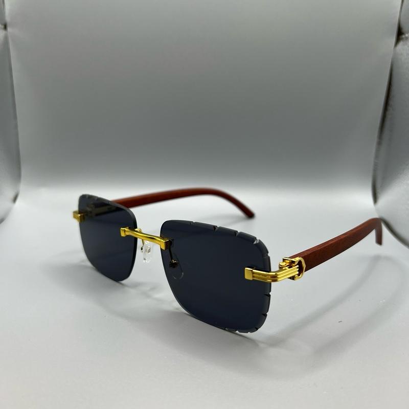 Diamond Cut Rimless Sunglasses Wood Grain Spring Colors UV 400 protection Lens All Season Shades