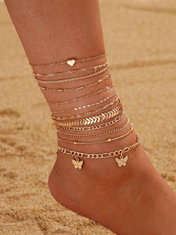 Women's Fashion Butterfly & Heart Design Anklets, 12pcs set Minimalist Chain Anklets for Beach Party Vacation, Trendy All-match Vintage Body Jewelry As Birthday Gift