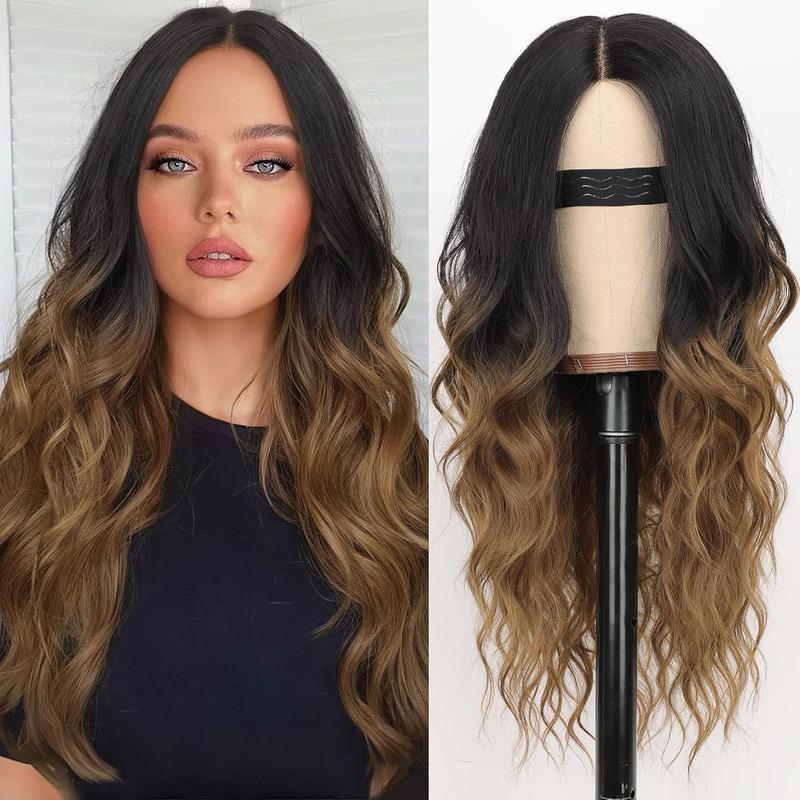Nnzes Long Brown Wavy Wig Middle Part Curly Wigs Lace Hairline Wigs for Women Black To Brown Synthetic Heat Resistant Wigs for Daily Part Use